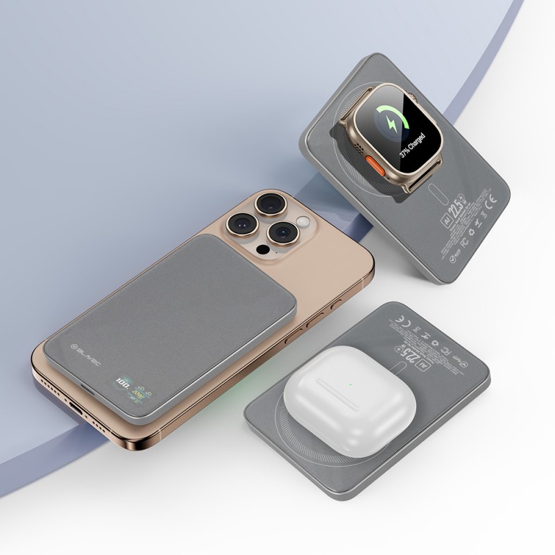 Εξωτερική Μπαταρία Blavec Powerbank 5000mAh BJ-04 Slim 7,8mm - Type C - 22,5W Magnetic Magsafe 3 in 1 (PBBJ04-MC5G) Grey Glass