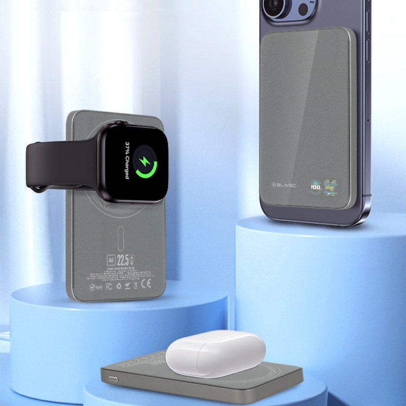 Εξωτερική Μπαταρία Blavec Powerbank 5000mAh BJ-04 Slim 7,8mm - Type C - 22,5W Magnetic Magsafe 3 in 1 (PBBJ04-MC5G) Grey Glass