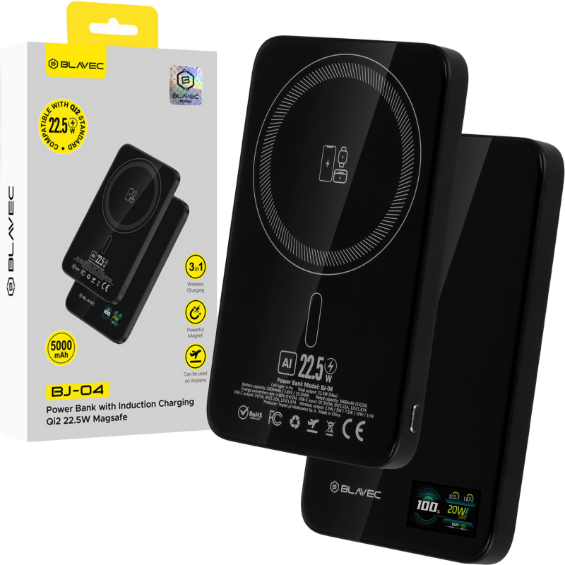 Εξωτερική Μπαταρία Blavec Powerbank 5000mAh BJ-04 Slim 7,8mm - Type C - 22,5W Magnetic Magsafe 3 in 1 (PBBJ04-MC5G) Black Glass