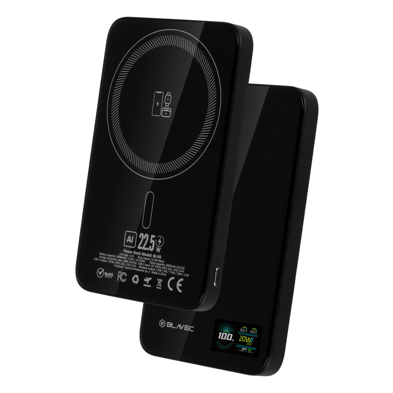 Εξωτερική Μπαταρία Blavec Powerbank 5000mAh BJ-04 Slim 7,8mm - Type C - 22,5W Magnetic Magsafe 3 in 1 (PBBJ04-MC5G) Black Glass