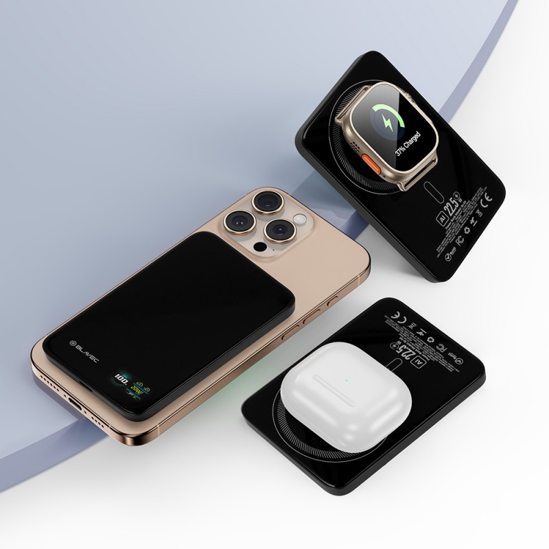 Εξωτερική Μπαταρία Blavec Powerbank 5000mAh BJ-04 Slim 7,8mm - Type C - 22,5W Magnetic Magsafe 3 in 1 (PBBJ04-MC5G) Black Glass