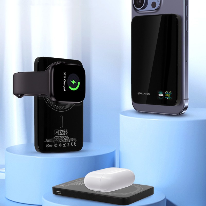 Εξωτερική Μπαταρία Blavec Powerbank 5000mAh BJ-04 Slim 7,8mm - Type C - 22,5W Magnetic Magsafe 3 in 1 (PBBJ04-MC5G) Black Glass
