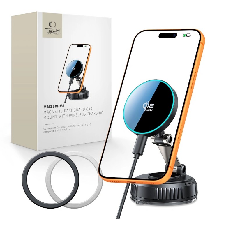 Βάση Αυτοκινήτου Tech-Protect V8 Magnet Magsafe Windshield & Dashboard Car Mount Wireless Charger Qi2.2 25W Black