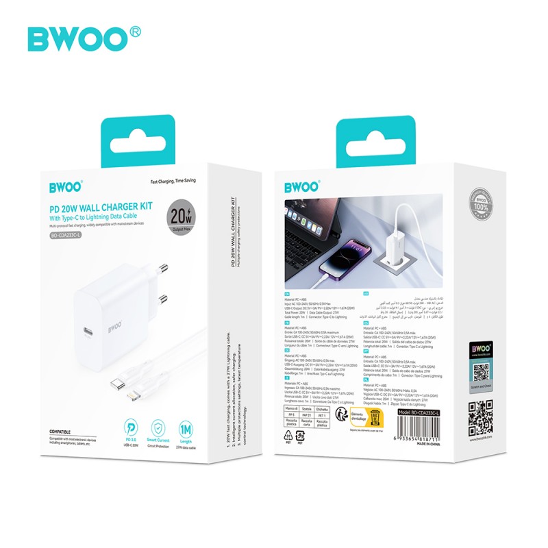 Φορτιστής BWOO Wall Charger CDA233 1x USB-C + Cable USB-C to Lightning 20W White