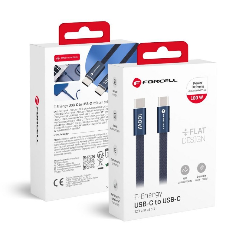 Καλώδιο Data Forcell F-Energy CCFN23 Cafule Flat Fast Charging Cable USB-C to USB-C 100W 1,2m Dark Blue
