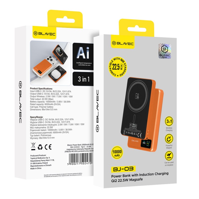 Εξωτερική Μπαταρία Blavec Powerbank 10000mAh BJ-03 Slim 13,5mm - Type C - 22,5W Magnetic Magsafe 3 in 1 (PBBJ03-MC10O) Orange Aluminium