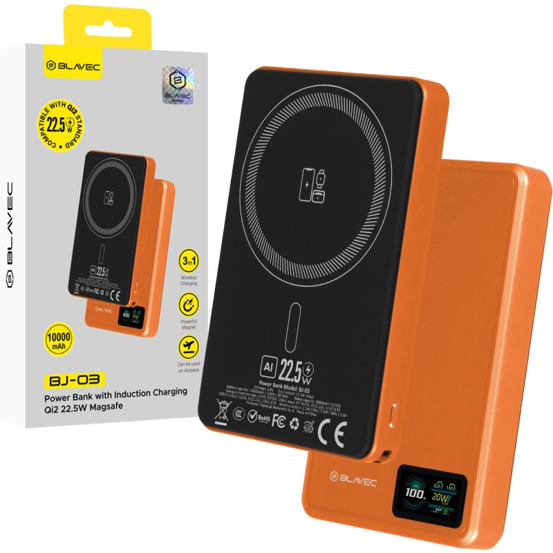 Εξωτερική Μπαταρία Blavec Powerbank 10000mAh BJ-03 Slim 13,5mm - Type C - 22,5W Magnetic Magsafe 3 in 1 (PBBJ03-MC10O) Orange Aluminium