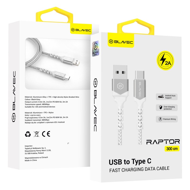 Καλώδιο Blavec Fast Charging Cable Raptor Braided - USB-A to USB-C - PD 66W 2A 3m (CRA-UC2WS30) White-Silver