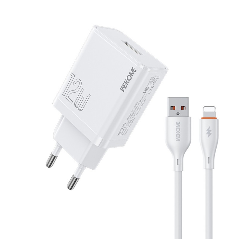 Φορτιστής Ταξιδίου WK WP-U76 Quick Charge with 1x USB-A Port 12W + Cable USB-A to Lightning White
