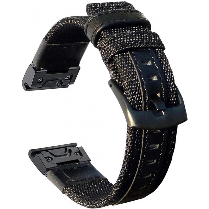 Ανταλλακτικό λουράκι QuickFit Nylon & Leather Garmin Fenix 5/5 Plus/6/6 Pro/7/Forerunner 945/935 Black (22mm)