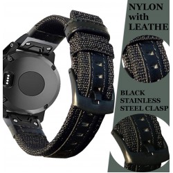 Ανταλλακτικό λουράκι QuickFit Nylon & Leather Garmin Fenix 5/5 Plus/6/6 Pro/7/Forerunner 945/935 Black (22mm)