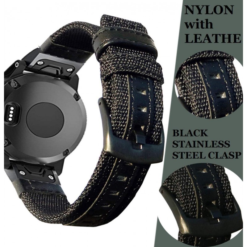 Ανταλλακτικό λουράκι QuickFit Nylon & Leather Garmin Fenix 5/5 Plus/6/6 Pro/7/Forerunner 945/935 Black (22mm)