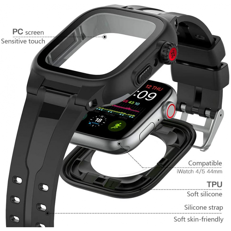 Ανταλλακτικό Λουράκι & Αδιάβροχη θήκη Shellbox by Redpepper Apple Watch 4/5/6/SE (44mm) Black