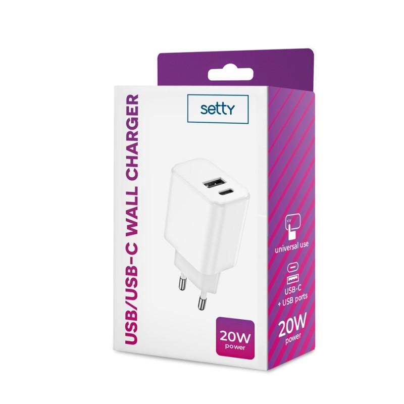 Φορτιστής Ταξιδιού Setty 3A USB & USB-C PD+QC 20W White
