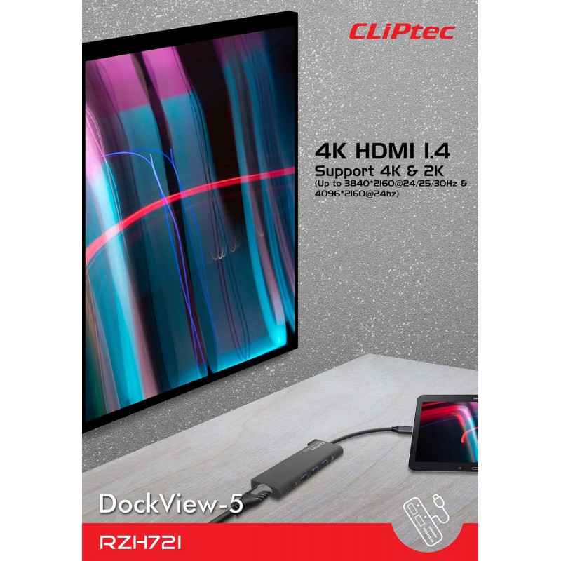 Αντάπτορας Cliptec Dockview 5in1 Hub Type-C to HDMI 1.4/3XUSB 3.1gen/Type-C Grey (RZH721) Αντάπτορας Cliptec Dockview 5in1 Hub Type-C to HDMI 1.4/3XUSB 3.1gen/Type-C Grey (RZH721)