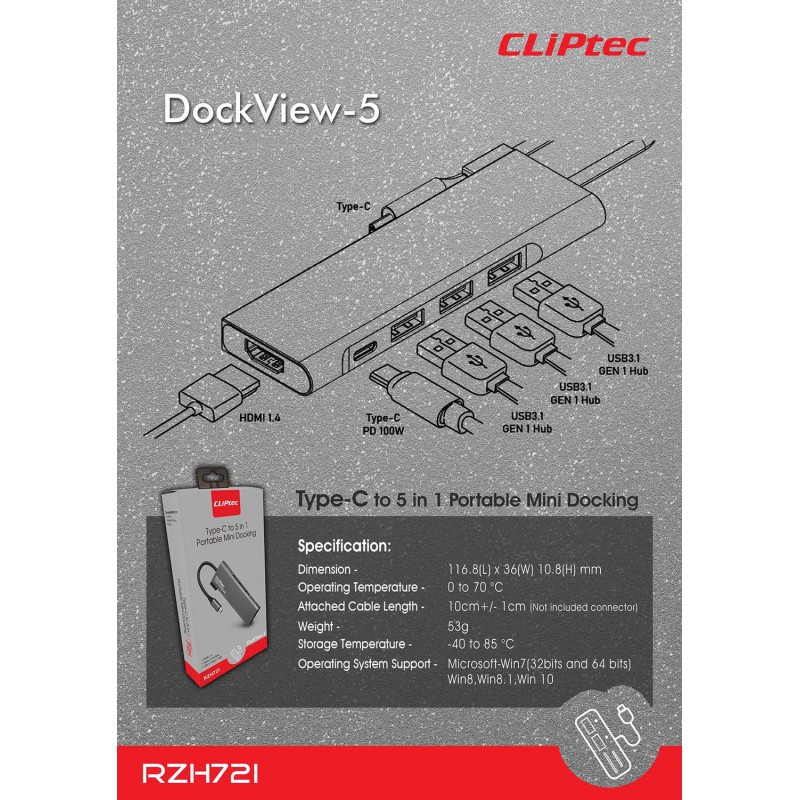 Αντάπτορας Cliptec Dockview 5in1 Hub Type-C to HDMI 1.4/3XUSB 3.1gen/Type-C Grey (RZH721) Αντάπτορας Cliptec Dockview 5in1 Hub Type-C to HDMI 1.4/3XUSB 3.1gen/Type-C Grey (RZH721)