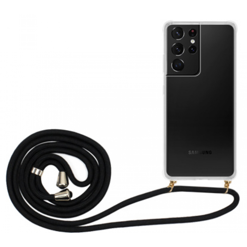 Θήκη TPU Forcell Samsung Galaxy S21 Ultra 5G SM-G998B with Black Strap Neck Cord Clear