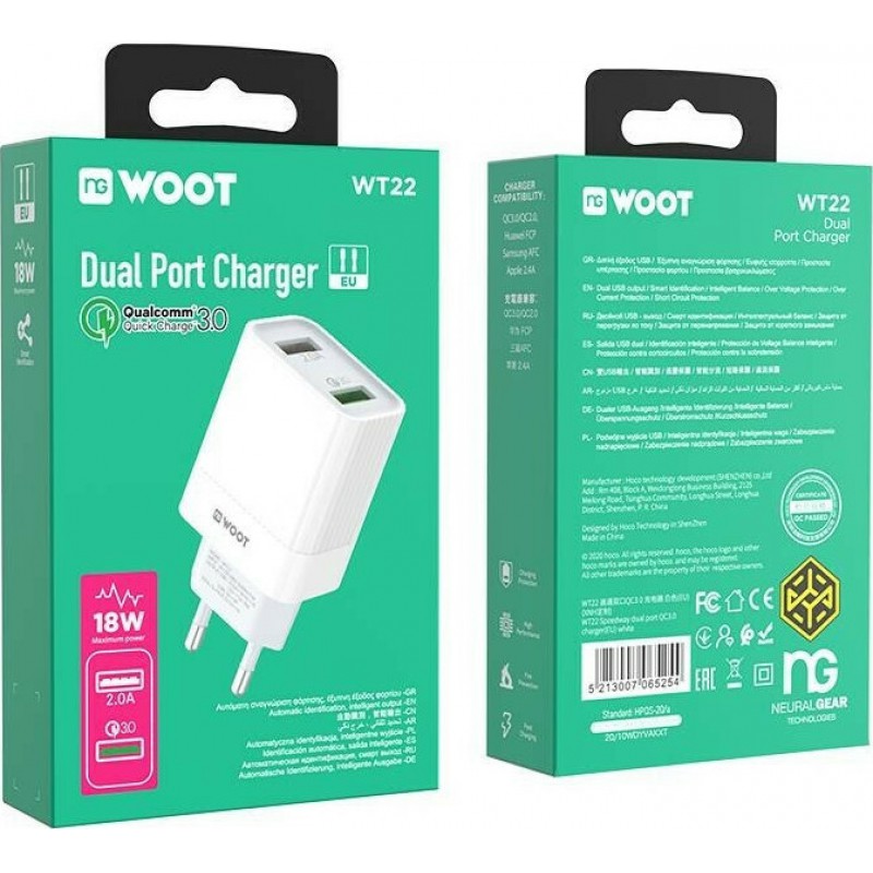 Φορτιστής Ταξιδιού NG WOOT WT22 Dual Port USB Charger QC3.0/18W White