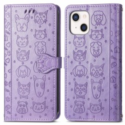 Θήκη Book Cats and Dogs Embossing w/Card Holder Apple iPhone 13 (6.1") Leather Purple