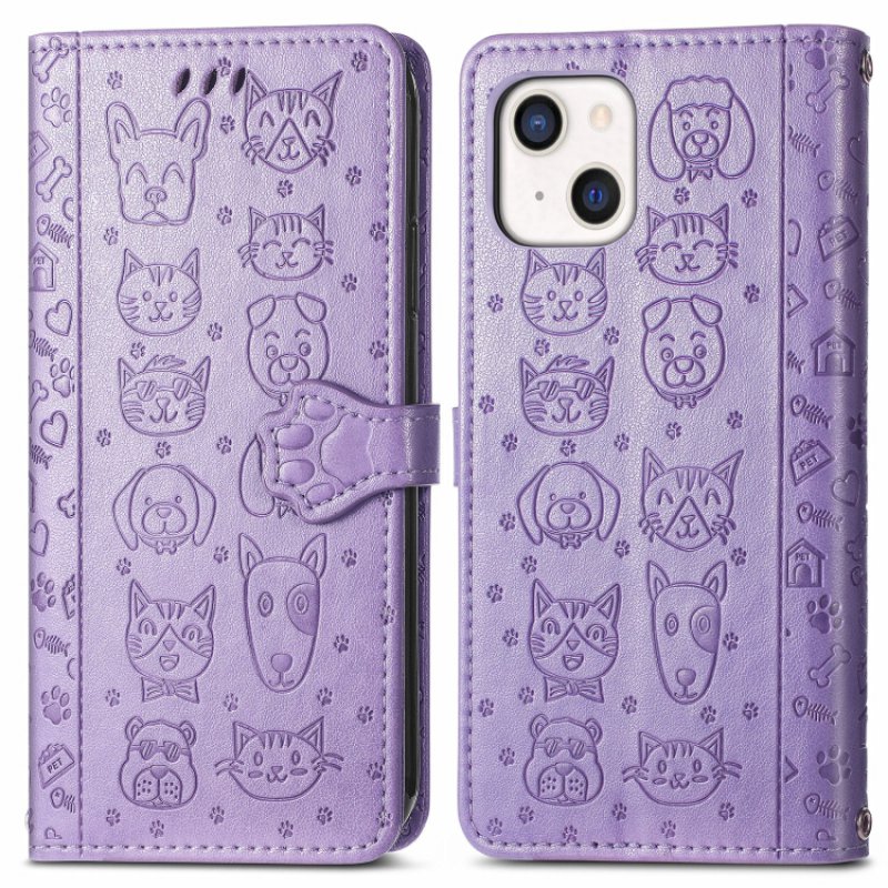 Θήκη Book Cats and Dogs Embossing w/Card Holder Apple iPhone 13 (6.1") Leather Purple