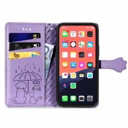 Θήκη Book Cats and Dogs Embossing w/Card Holder Apple iPhone 13 (6.1") Leather Purple