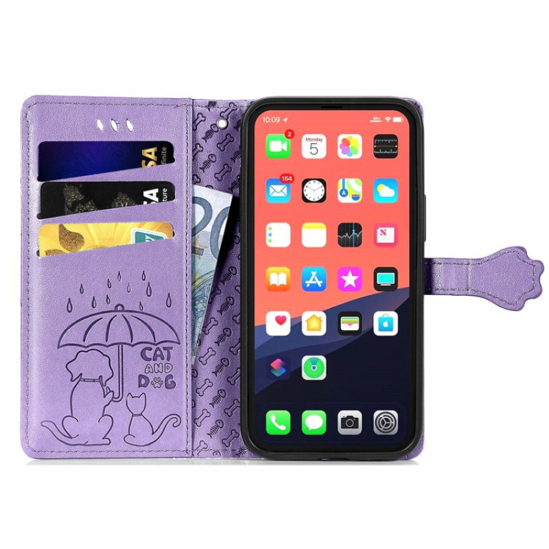 Θήκη Book Cats and Dogs Embossing w/Card Holder Apple iPhone 13 (6.1") Leather Purple