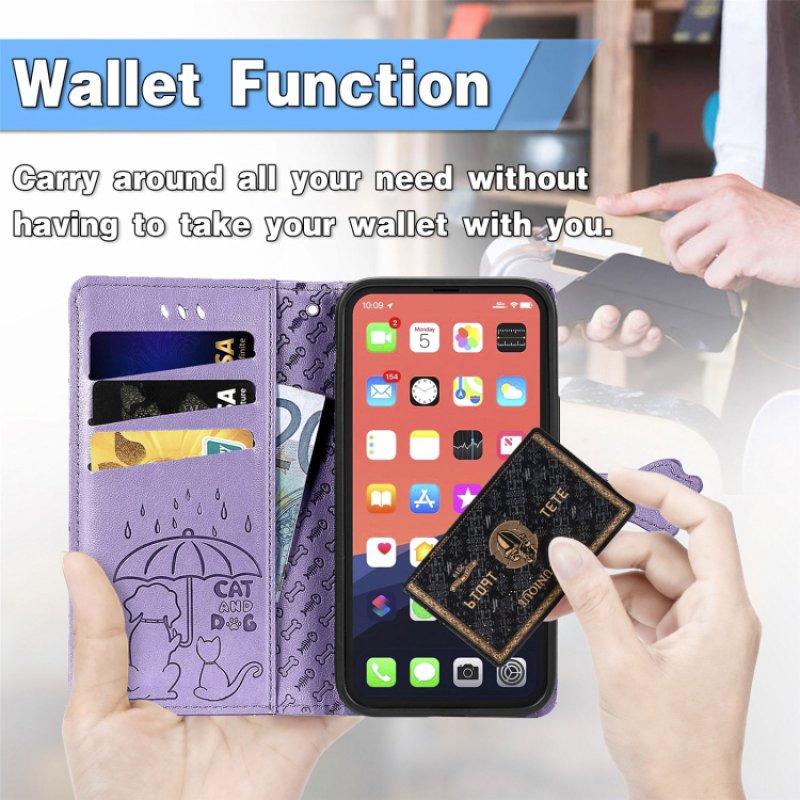 Θήκη Book Cats and Dogs Embossing w/Card Holder Apple iPhone 13 (6.1") Leather Purple