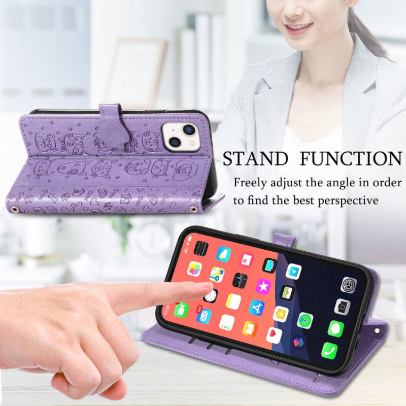 Θήκη Book Cats and Dogs Embossing w/Card Holder Apple iPhone 13 (6.1") Leather Purple