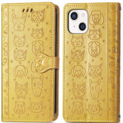 Θήκη Book Cats and Dogs Embossing w/Card Holder Apple iPhone 13 (6.1") Leather Yellow