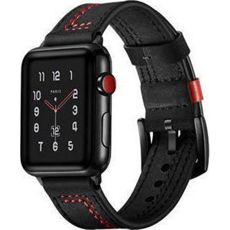 Ανταλλακτικό λουράκι QuickFit Apple Watch 1/2/3/4/5/6/SE/7/8 (42/44/45/49mm) Leather Seam Line Black/Red