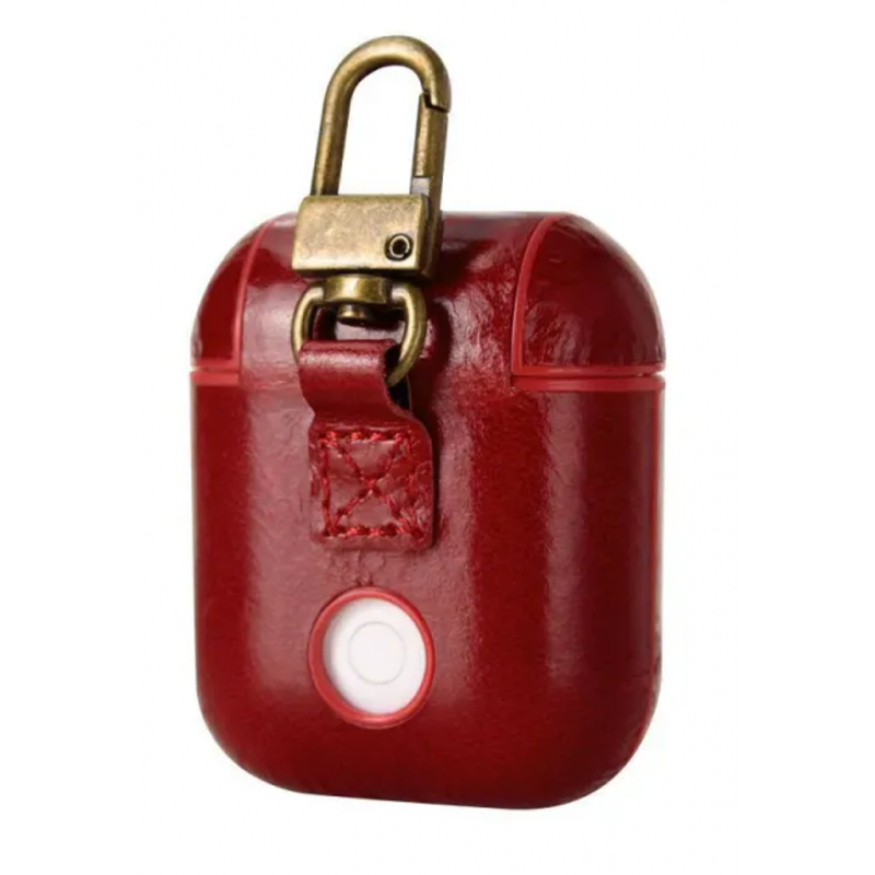 Θήκη Airpods Retro Genuine Leather Cover with Gold Carabiner Red