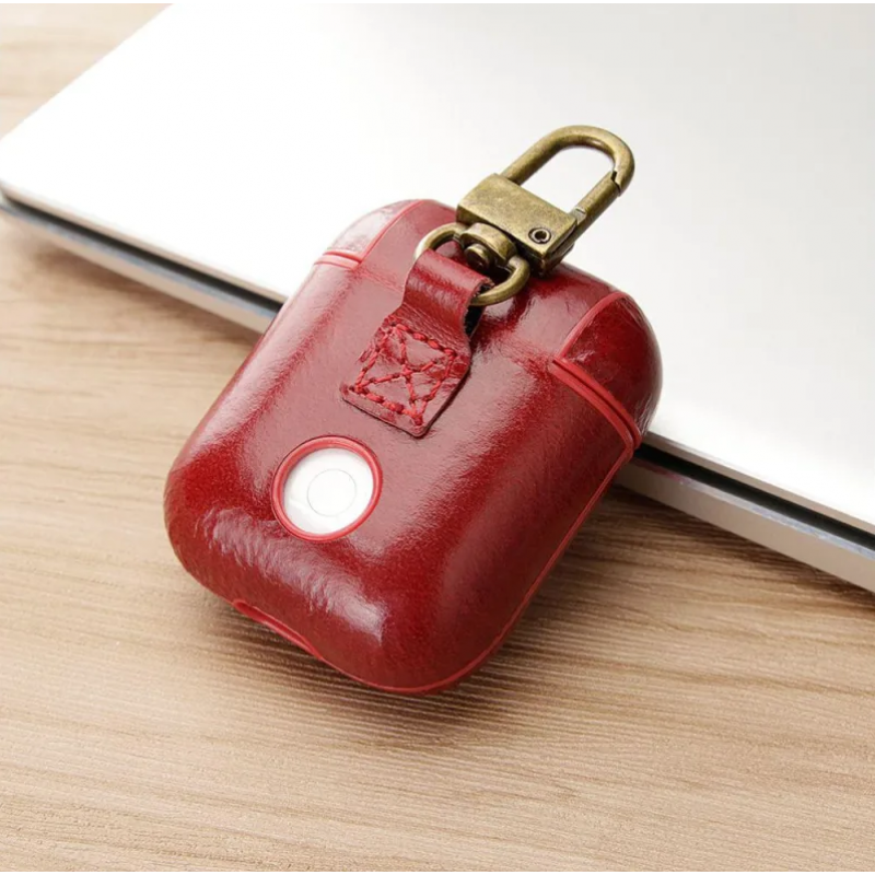 Θήκη Airpods Retro Genuine Leather Cover with Gold Carabiner Red