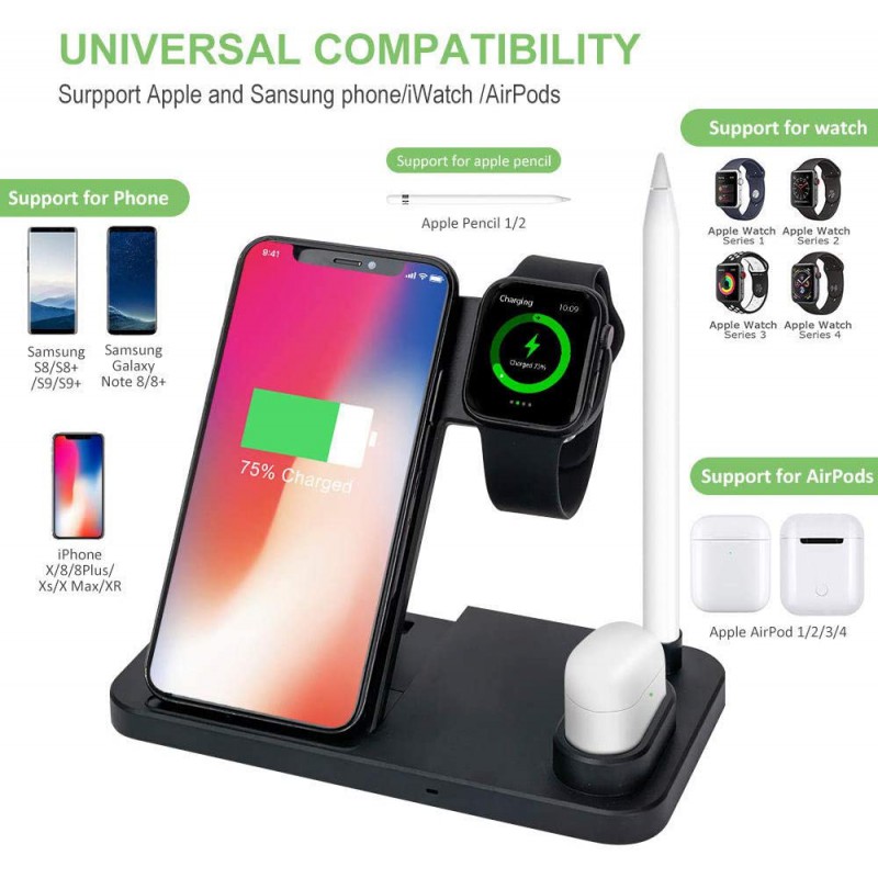 Βάση Ασύρματης Φόρτισης Explosion W30 Qi Foldable Wireless Multi Dock 4in1 for Airpods,Apple Pen,Apple Watch & Smartphones Black