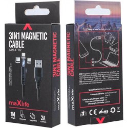Καλώδιο Maxlife MXUC-02 Magnetic USB A to 3in1 Micro USB/Type-C/Lightning 3A (QC3.0) 1m Black