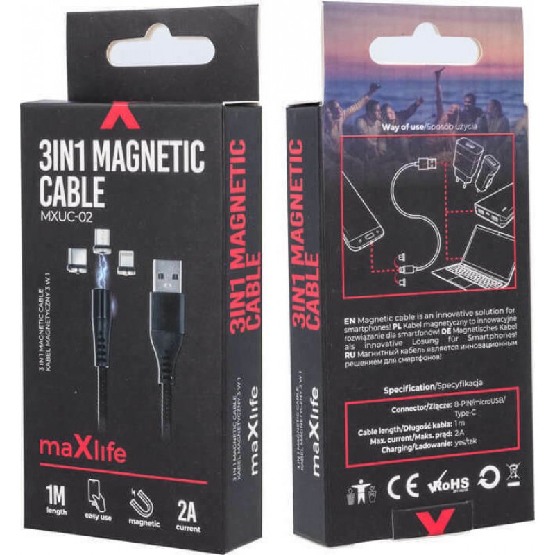 Καλώδιο Maxlife MXUC-02 Magnetic USB A to 3in1 Micro USB/Type-C/Lightning 3A (QC3.0) 1m Black