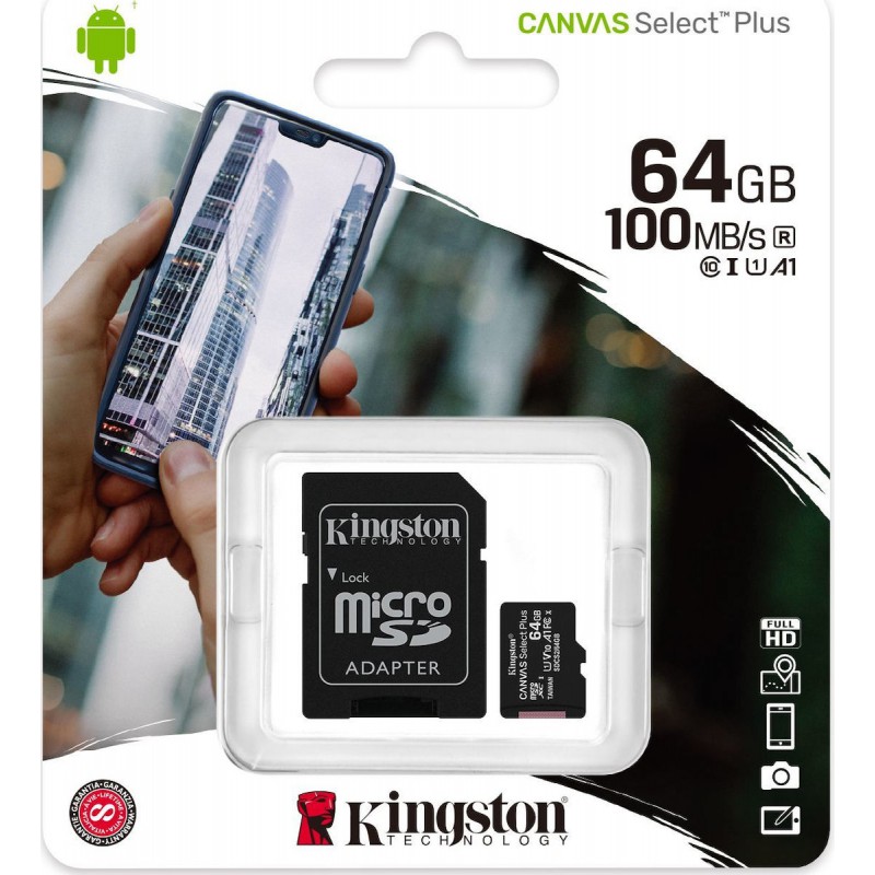 Κάρτα μνήμης Kingston Canvas Select Plus microSDXC Card 64GB cl.10 UHS-I 100MB/s + Adapter