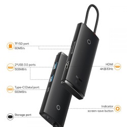 Αντάπτορας Baseus Lite Series Hub USB-C + 2xUSB + HDMI + TF/SD Black (BS-OH019)