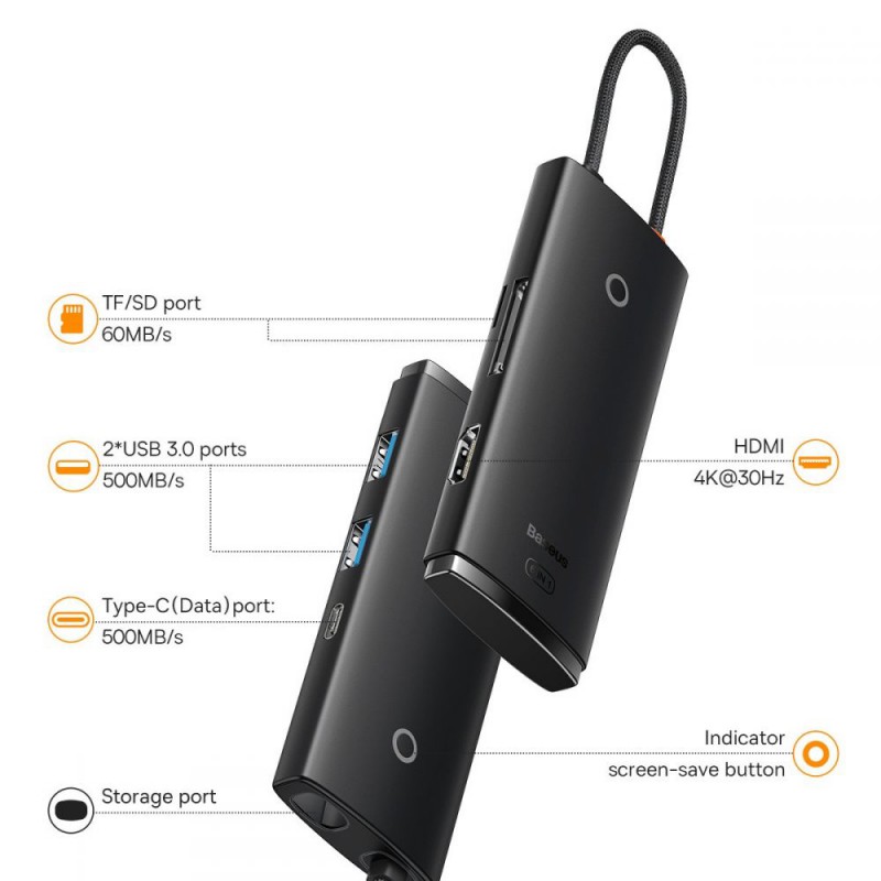 Αντάπτορας Baseus Lite Series Hub USB-C + 2xUSB + HDMI + TF/SD Black (BS-OH019)